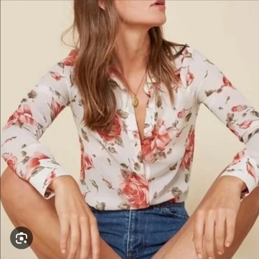 Reformation White Floral Button-Up Blouse with Pink Roses